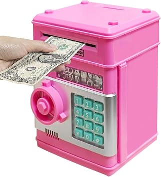 Piggy Bank for Kids ATM Cartoon Electronic Password Code Coin and Cash Saving Box Auto Scroll Paper Money Boys Girls Gift Dark Pink
