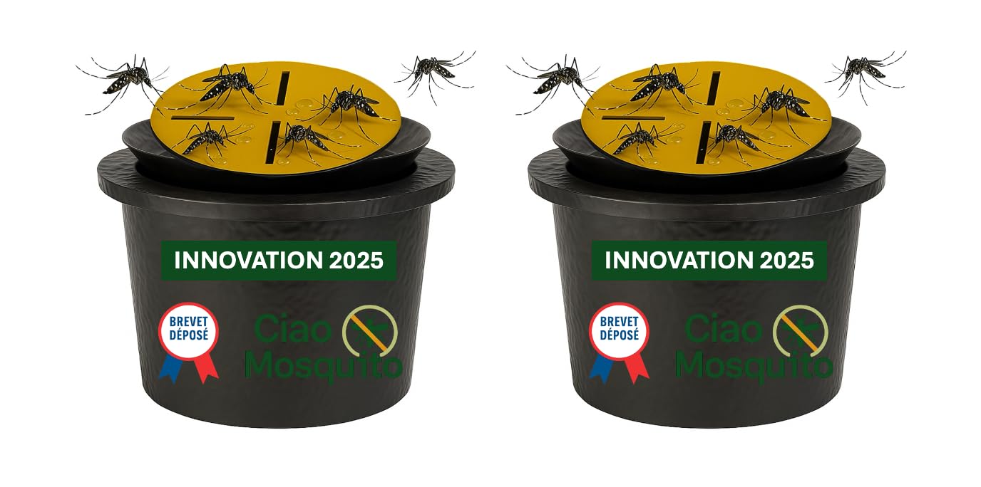 NOUVEAUTÉ 2025 – Ciao Mosquito® Lot de 2 Pièges Anti Moustiques avec Récipient – Flotteur + Filet + 2 Disques Jaunes – Écologique, Naturel, Jardin, Terrasse, Balcon, Moustique Tigre & Larves