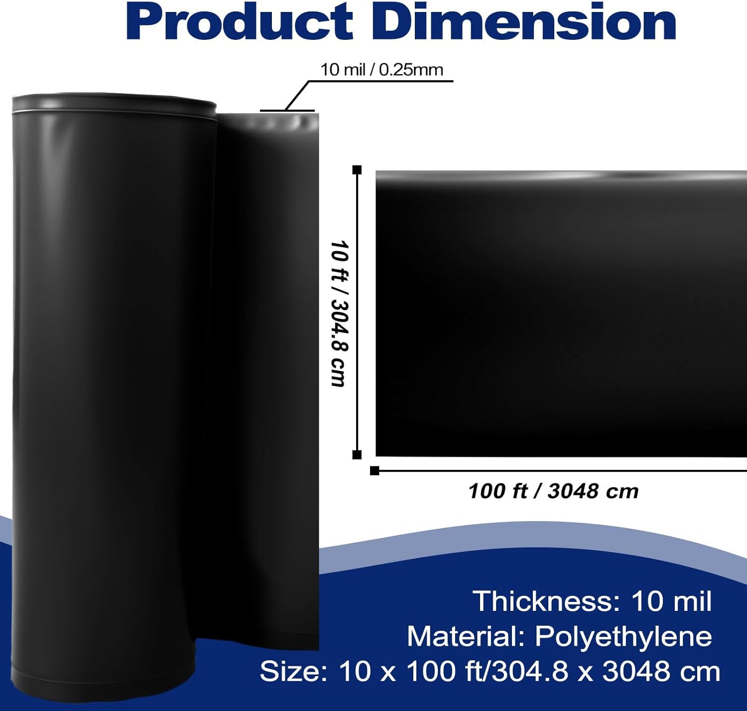 10'x100' Crawl Space Vapor Barrier, 10mil Film Black Plastic Sheeting - Thick Plastic Sheeting, Heavy Duty Polyethylene Film, Drop Cloth Vapor Barrier Covering for Crawl Space, Garden, Basement