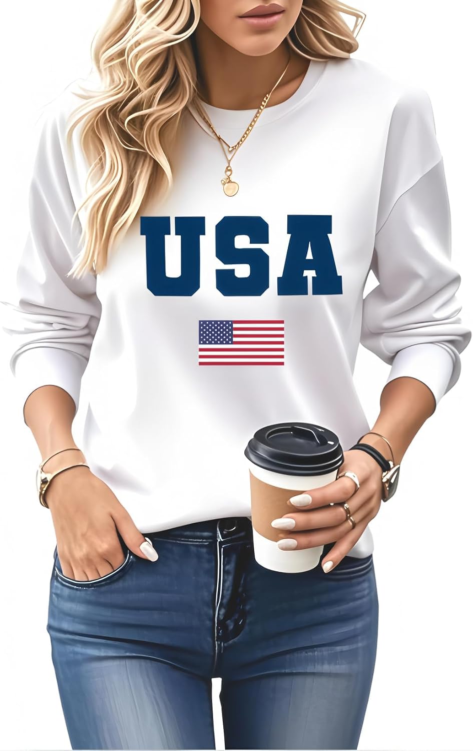 Womens USA Sweatshirt Crewneck American Flag Sweater Long Sleeve Usa Shirt Pullover 4th of July T Shirt Outfits - Image 8