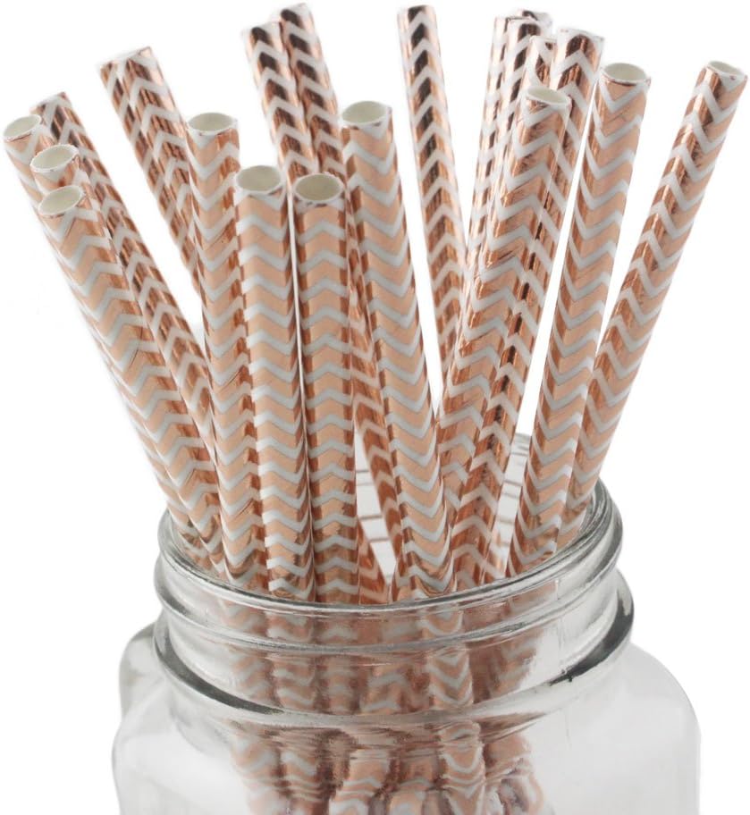 SSORA Biodegradable Paper Straws Disposable Foil Rose Gold Chevron 7.75 Inches 100 Pieces