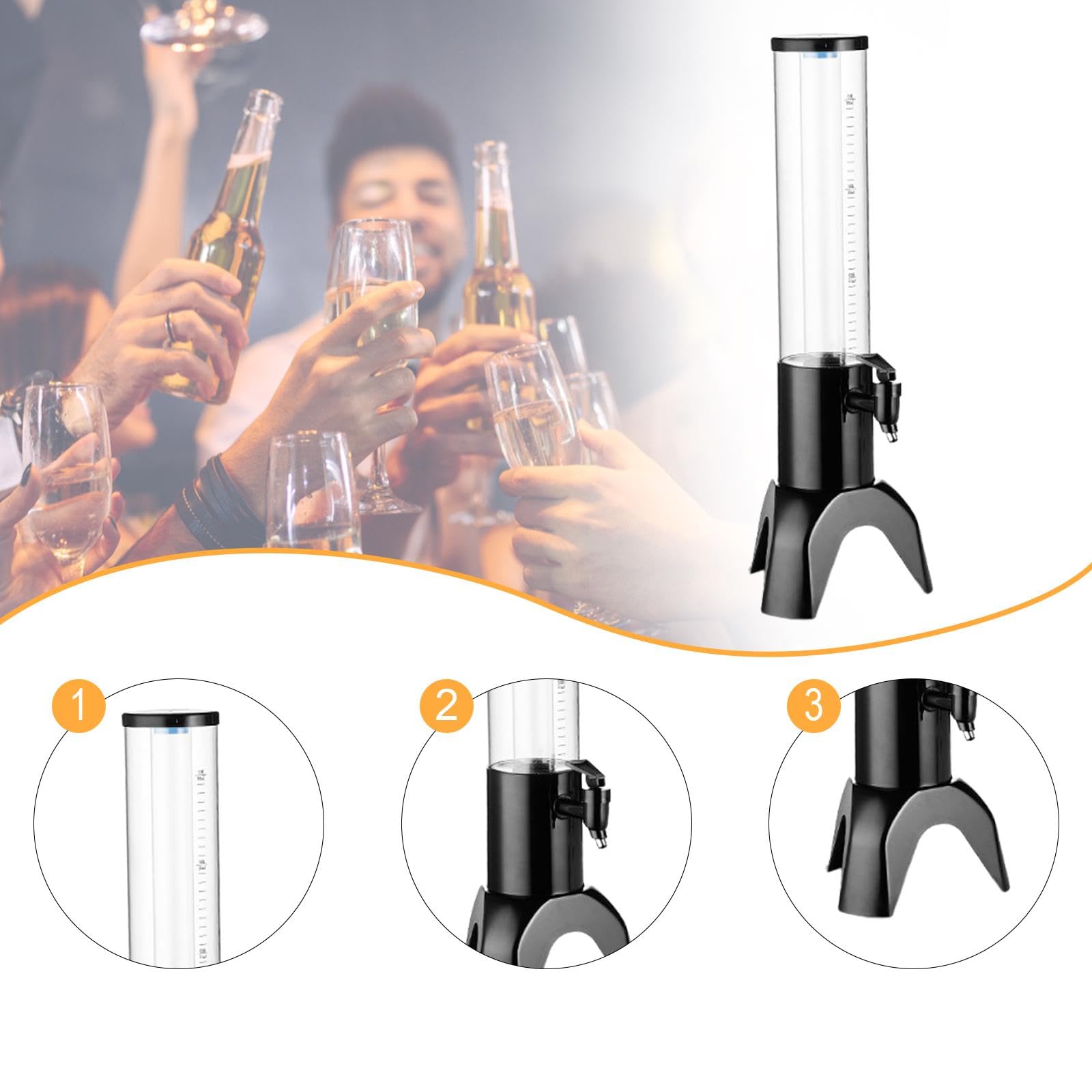 Gralara ​Torre Dispensador de Cerveza y Bebidas Frías – Base Triangular Estable con Tubo Refrigerante –Transparente para Bares, Fiestas y Exteriores, Negro, 1.5l