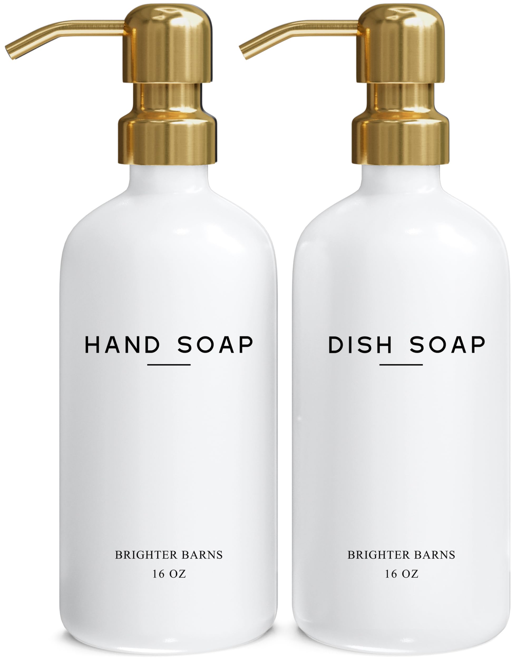 Luxury Glass Hand and Dish Soap Dispenser Set by Brighter Barns - Kitchen Soap Dispenser Set & Stainless Steel Pump - Glass Bottle for Sink - White and Gold Kitchen Accessories for Airbnb, Gift (Gold)