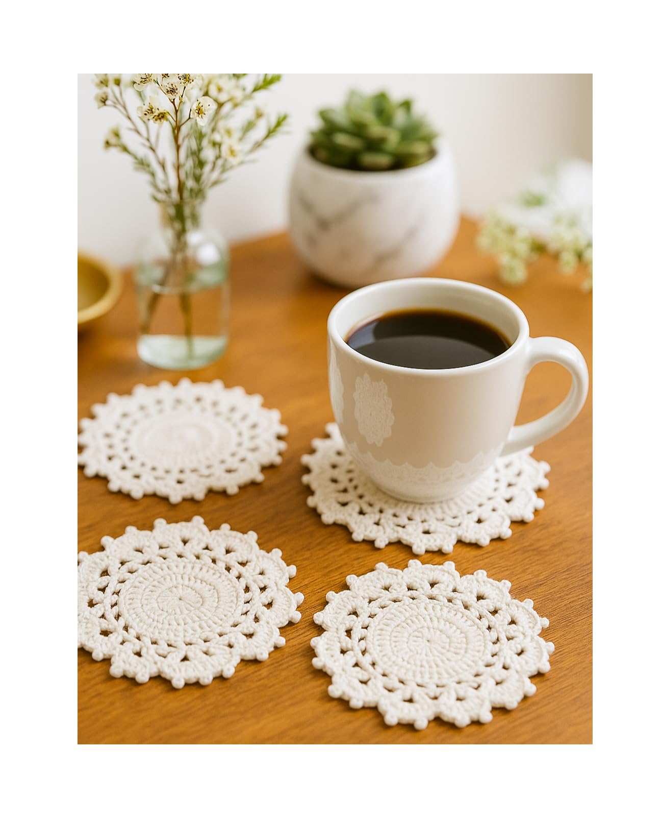 Crochet Coasters Set of 4 | Handcrafted with Premium Cotton Yarn | Crochet Round Doily Coasters – Elegant White Lace Design | Off-White | Washable & Durable | 5½ Inches-image-31