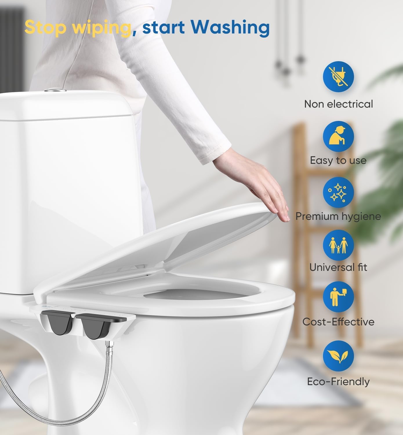Ultra-cienki bidet 3 w 1, samooczyszczający, tylny i kobiecy - (wysuwane podwójne dysze), nieelektryczne mocowanie bidetu, regulowane ciśnienie świeżej zimnej wody, wlot ze stali nierdzewnej (2 szt.)
