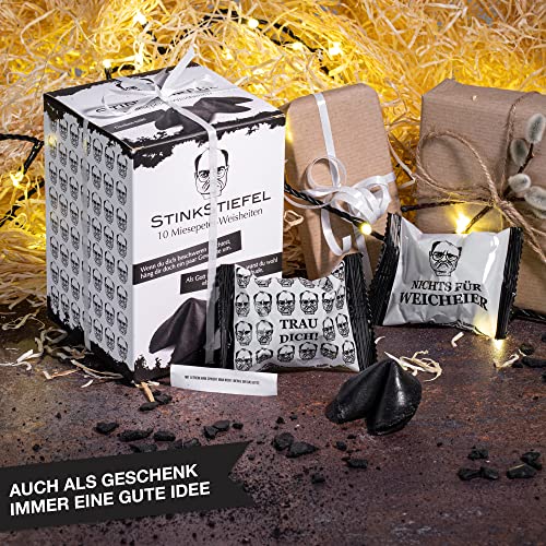 Stinkstiefel 10 schwarze Glückskekse - Made in Germany - Schwarzer Humor mit fiesen Sprüchen - Mitbringsel - Geburtstag – Silvester Geschenke klein