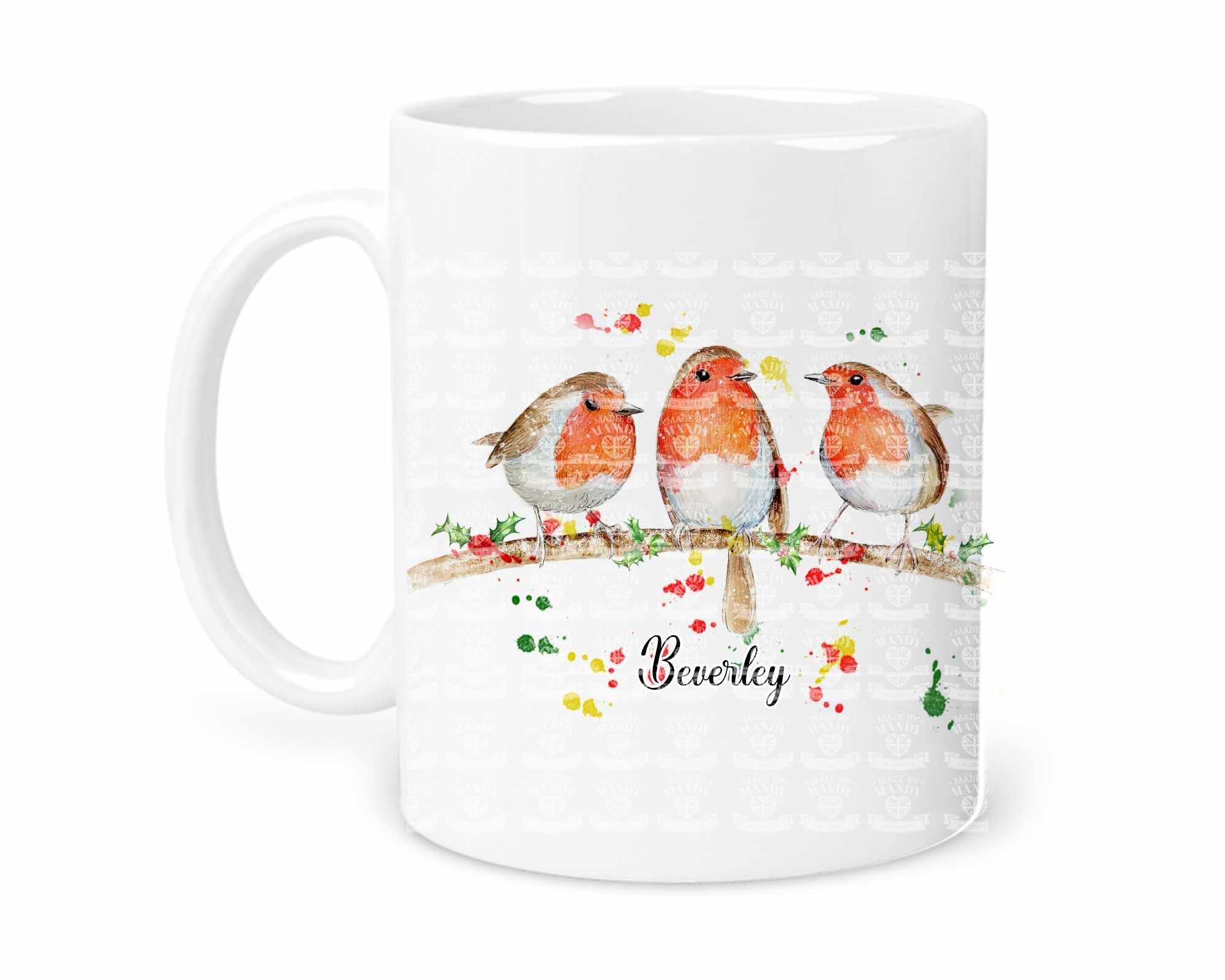 MADEBYMANDY Personalised Three Robins on a Coffee Tea Mug (Pink)