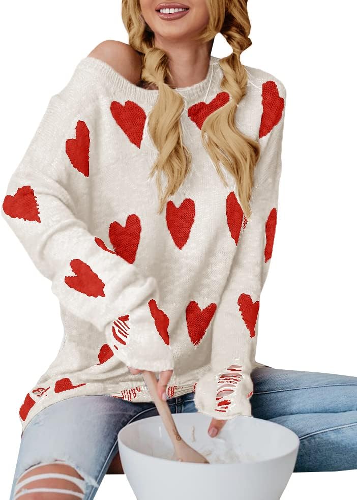 Tutorutor Womens Cute Love Heart Print Sweaters Oversized Off The Shoulder Loose Knitted Valentine Pullover Blouse Top - Image 3
