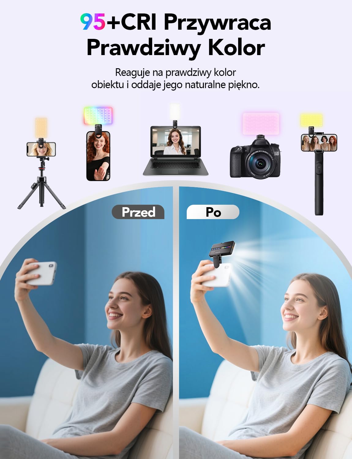 Lampki do Selfie RGB 138 Światło Kamery LED Przenośne 10 kolorów | Oświetlenie Fotograficzne Regulowana jasność 30 Trybami Scen Akumulatorowe Oświetlenie Wideo CRI 95 do Telefonu Aparatu