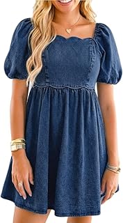 Denim Dress Babydoll Jean Square Neck Puff Sleeve Casual Country Concert Dresses with Pockets