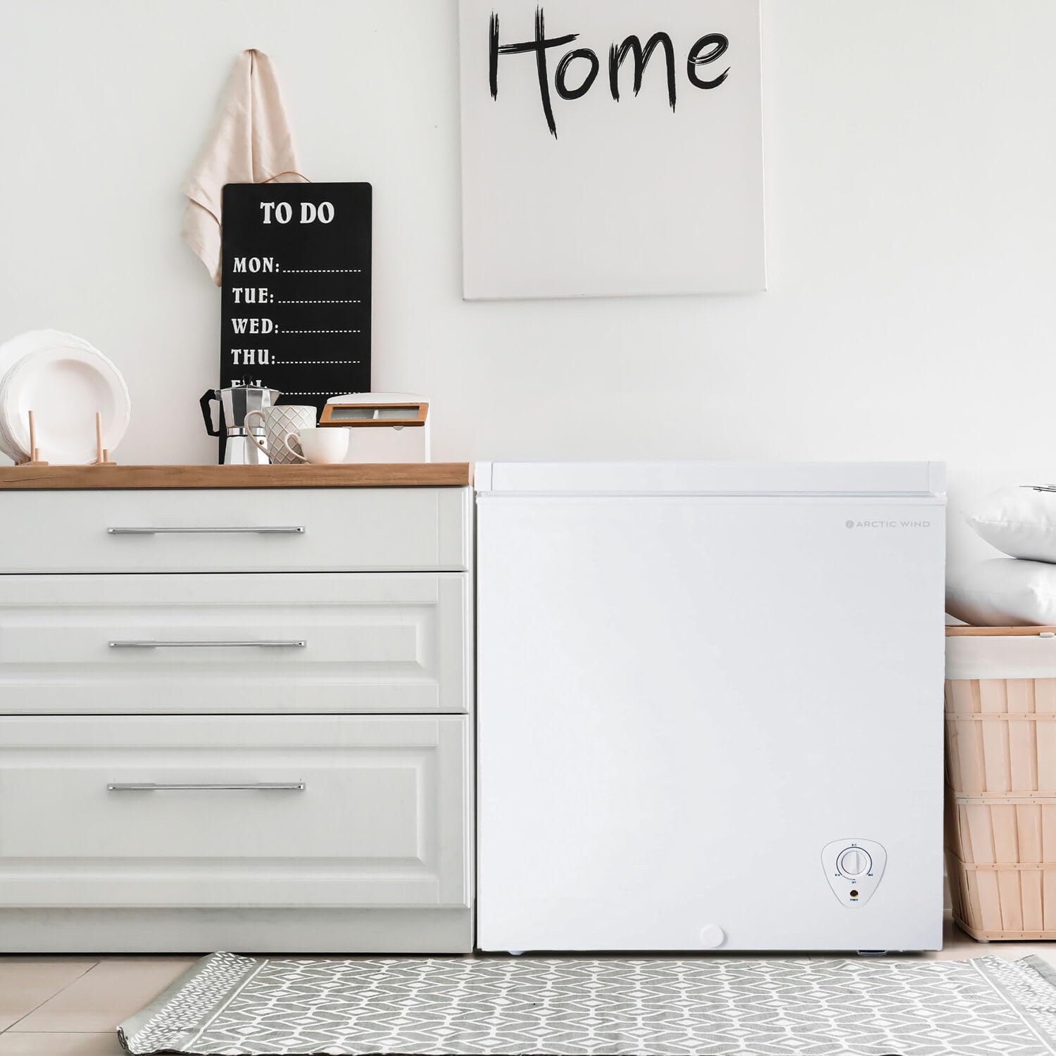 Arctic Wind 5 cu. ft. Compact Chest Freezer in a kitchen setting