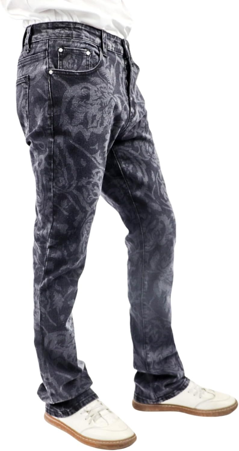 Men's Floral Print Straight Leg Skinny Elastic Force Jeans, Black Gray Acid Wash Denim, Vintage Style Pattern - Image 2