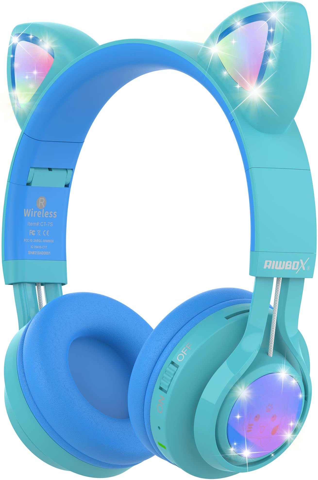 Kids Headphones, CT-7S Cat Ear Bluetooth Headphones 85dB Volume Limiting,LED Light Up Kids Wireless Headphones Over Ear with Microphone for iPhone/iPad/Kindle/Laptop/PC/TV(Blue&Green)