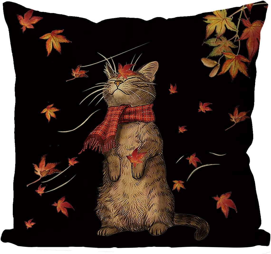 GAGEC Fall Pillow Covers 16x16 Inch Maple Leaf Cat Throw Pillows Autumn Thanksgiving Farmhouse Outdoor Pillowcase Cotton Linen Sofa Couch Cushion Case for Fall Decor