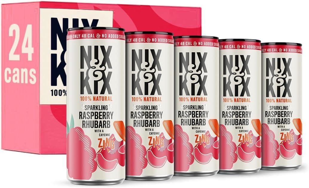 Nix & Kix | Raspberry & Rhubarb | 100% Natural Premium Sparkling Soft Drink | Low Calorie & Vegan Friendly | No Added Sugar Or Sweeteners | 250ml x 24 Pack