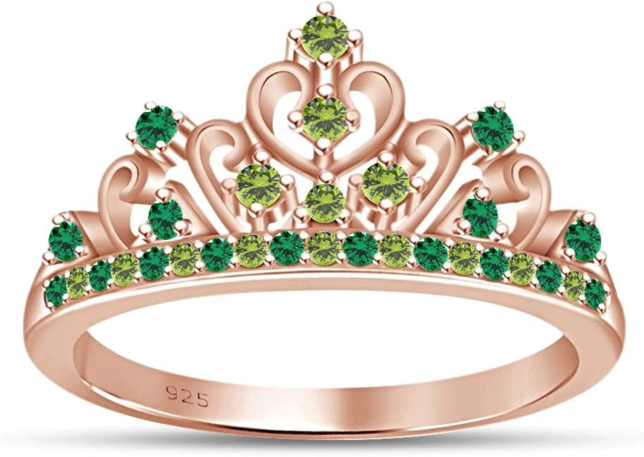 AFFY Round Cut Simulated Multi Stone Princess Style Engagement Wedding Crown Ring in 14k Rose Gold Over Sterling Silver