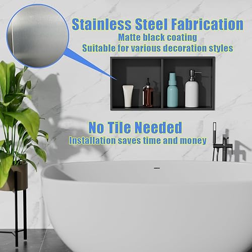 Miniatura 6 de Nicho de ducha de acero inoxidable de doble capa negro mate de 12 x 24 pulgadas, no necesita azulejos, nicho de pared empotrado