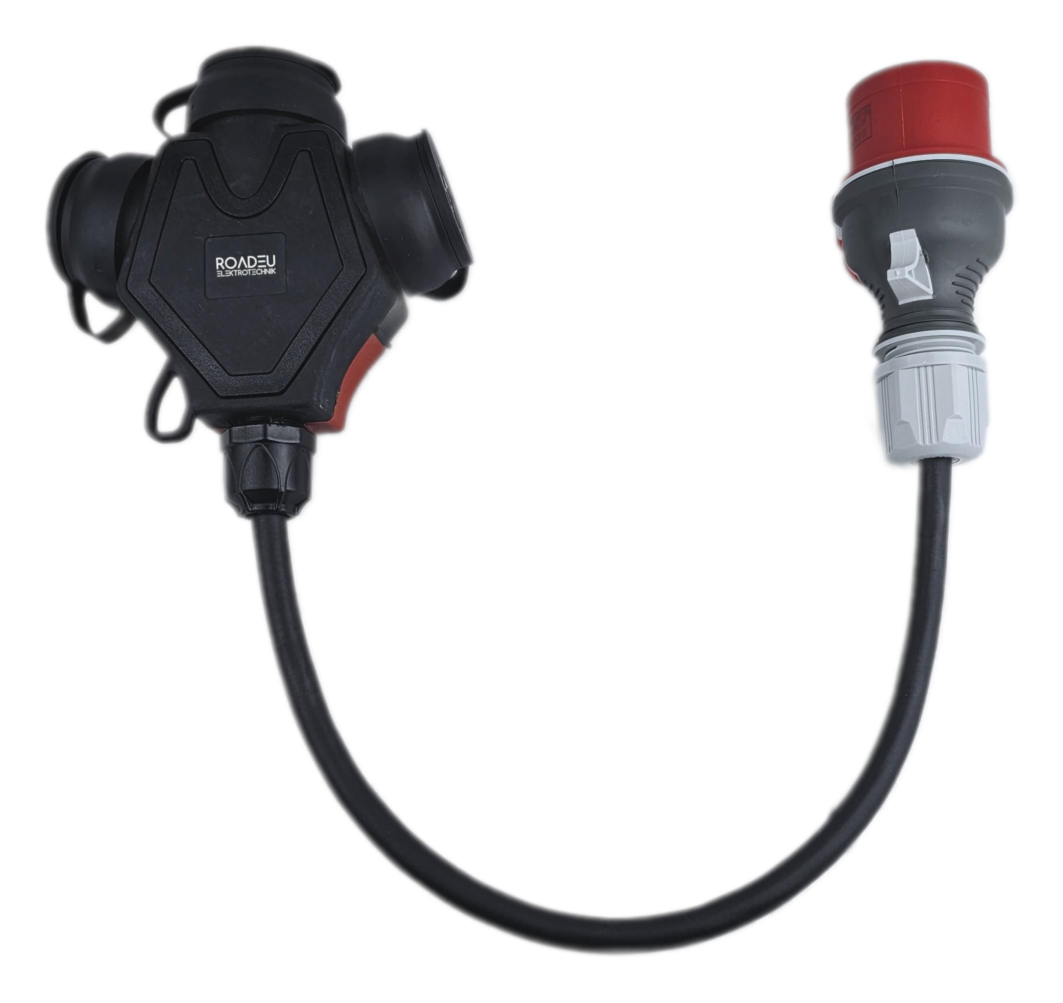 RoadEu Adapter przemysłowy przedłużający 0,5 m, adapter CEE 16A 380V do 220V z 3 gniazdami 230 V, przewód gumowy 5 x 2,5 mm², idealny do garażu, szopy lub fabryki
