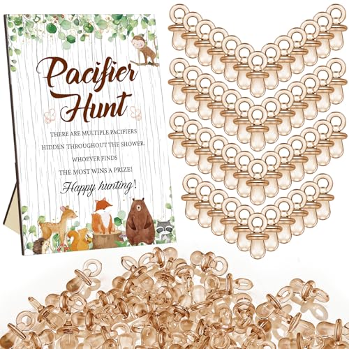 Image of Thyle 51 Pcs Woodland Animals Pacifier Hunt Baby Shower Games Forest Animal Baby Shower Game Decoration Include Hunt Sign and Acrylic Pacifiers Woodland Themed Gift Sets for Gender Reveal Party Decor