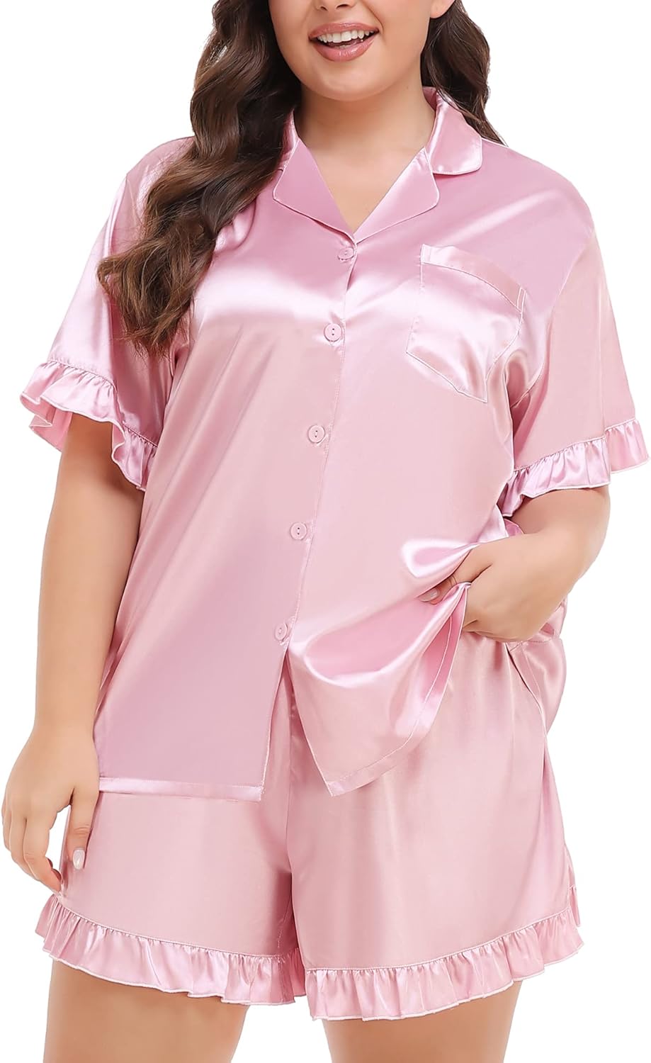 SWOMOG Womens Satin Plus Size Pajamas Silk Short Sleeve Pjs Sets Ruffle Shorts 2 Piece Loose Outfit Sleepwear with Pocket - Image 4