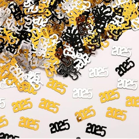 KALOR New Year 2025 Confetti, 60g Gold Silver and Black 2025 Confetti for Happy New Year Decorations 2025 New Years Eve Table Decorations Cover