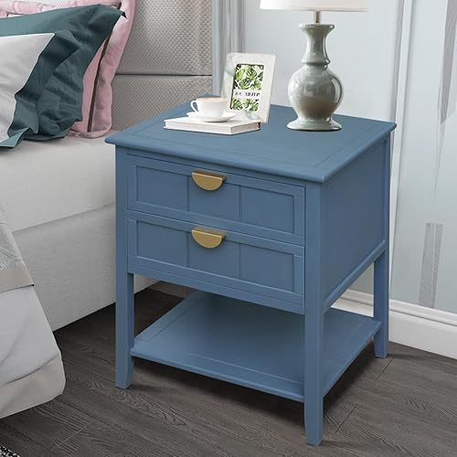 Miniatura 6 de PElHONGET - Mesita de noche con 2 cajones, mesa auxiliar moderna de mediados de siglo con almacenamiento en estantes, mesita de noche con asas de