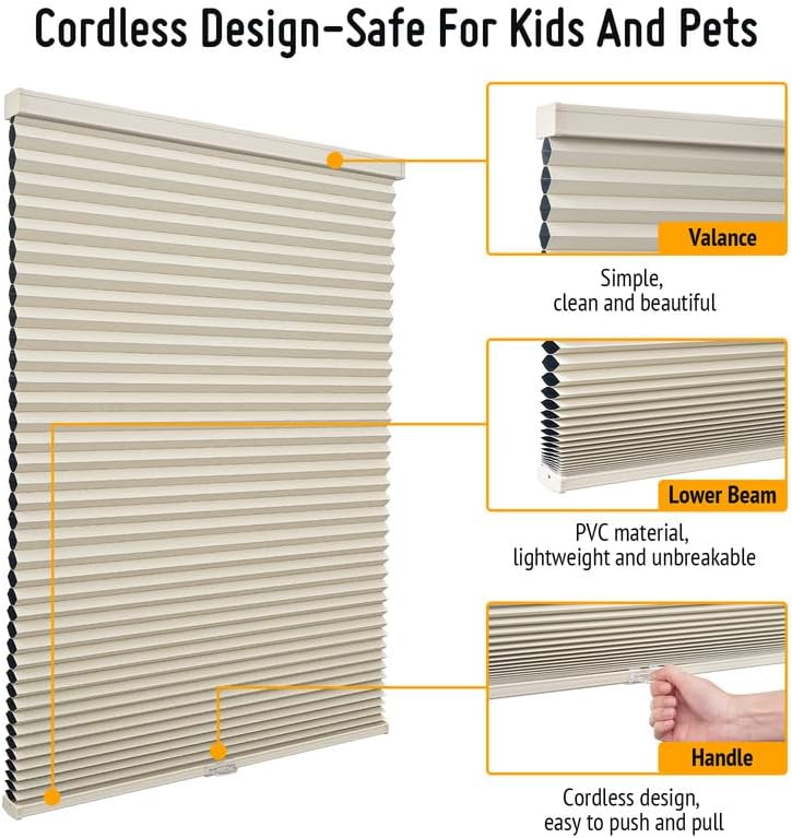 Keego Cellular Shades Cordless Honeycomb Shades for Windows Pull Down Cellular Blinds 9/16" Single Cell Thermal Insulated Blinds Made in USA (Beige,Light Filtering,Custom Size)