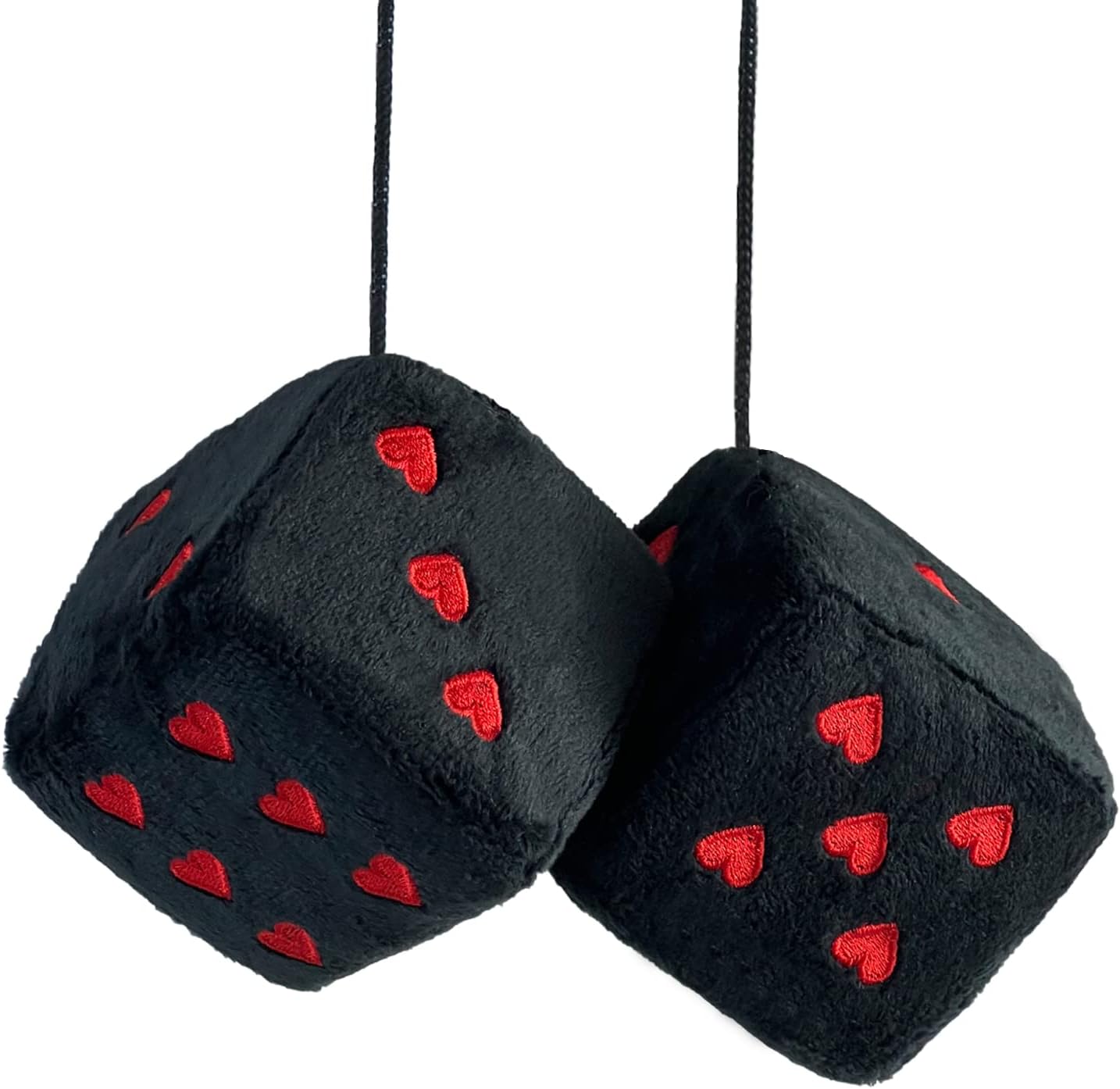 Pair 3” Fuzzy Plush Dice Heart Shape Decor for Car Rearview Mirror, Retro Square Decoration Dice for Car Hanging Accessories (Black-Red)