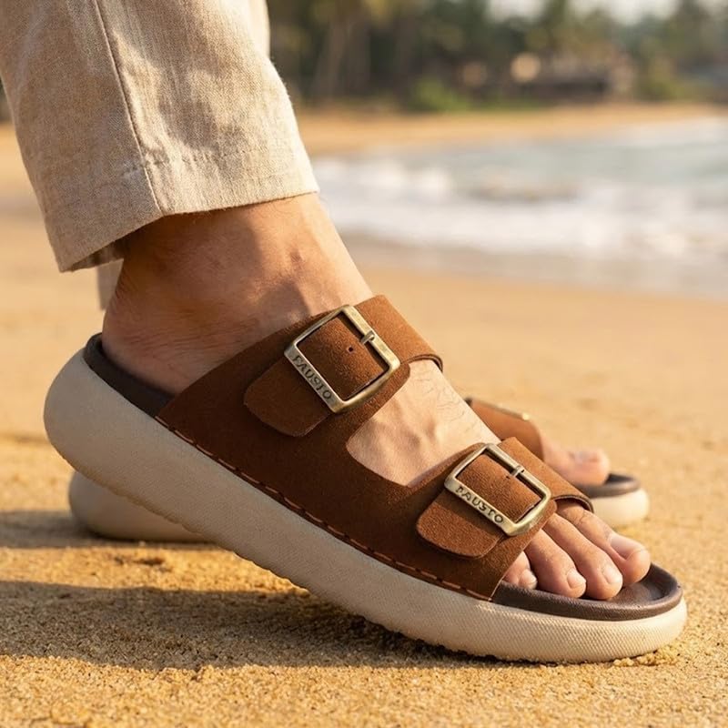 Image of FAUSTO Men Open Toe Buckle Strap Stitched Waterproof Sandals|Soft Cushioned Insole|Summer Slip-On Slipper|Perfect For Monsoon Rainy Season