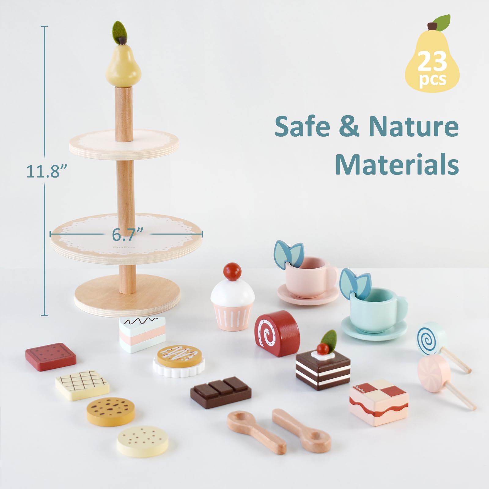 Juego de fiesta de té, juego de soporte de postre, juguetes de madera, juego de comida, accesorios de cocina para niños pequeños, regalo de cumpleaños 4