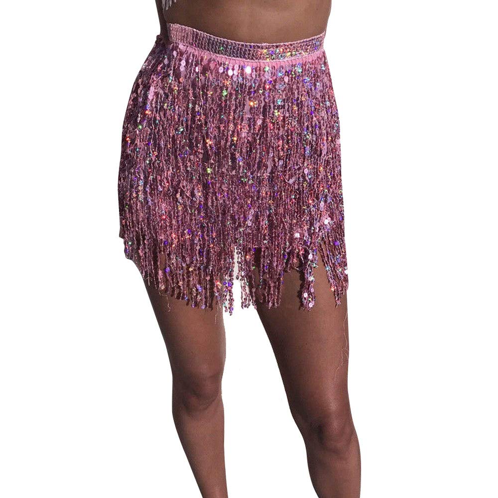 Women Sequin Belly Dancer Costume Tassel Wrap Skirt Club Mini Skirt (Pink)