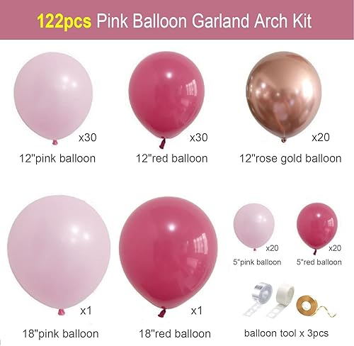 Miniatura 2 de Kit de arco de guirnalda de globos rosados, 122 globos de látex rosa rojo bebé de 18 x 12 x 5 pulgadas con globos metálicos de oro rosa para baby