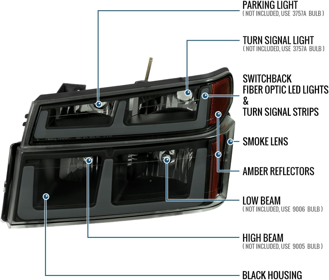 Ronnin - Fits 2004-2012 Chevy Colorado GMC Canyon 2006-2008 Isuzu i-Series LED Running Light Switchback Turn Signals Tube Headlights + Bumper Corner Lamps Assembly Pair | Black Smoke