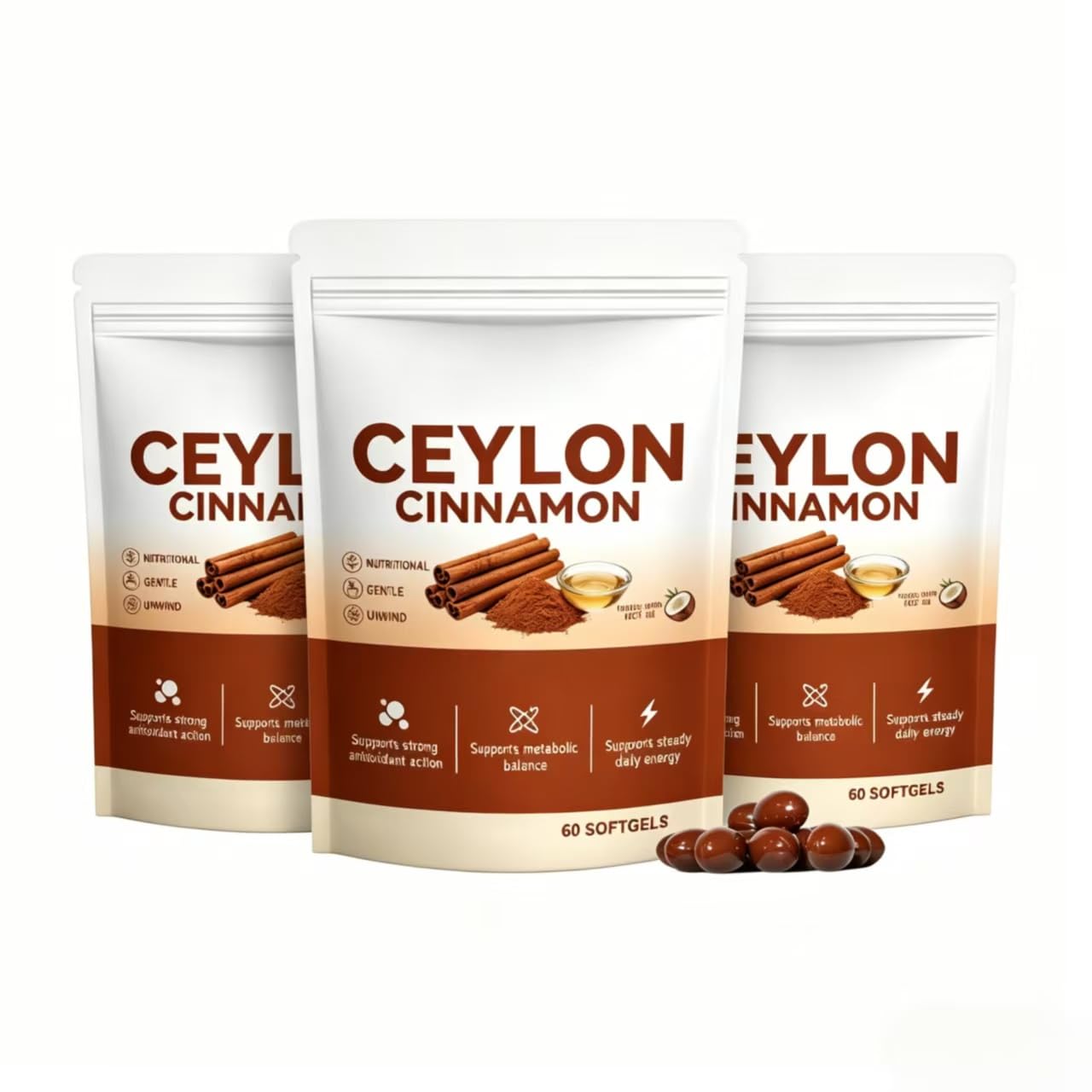 Cannella di Ceylon con olio MCT, per il supporto del metabolismo, altamente biodisponibile, 60 conteggi,3pcs