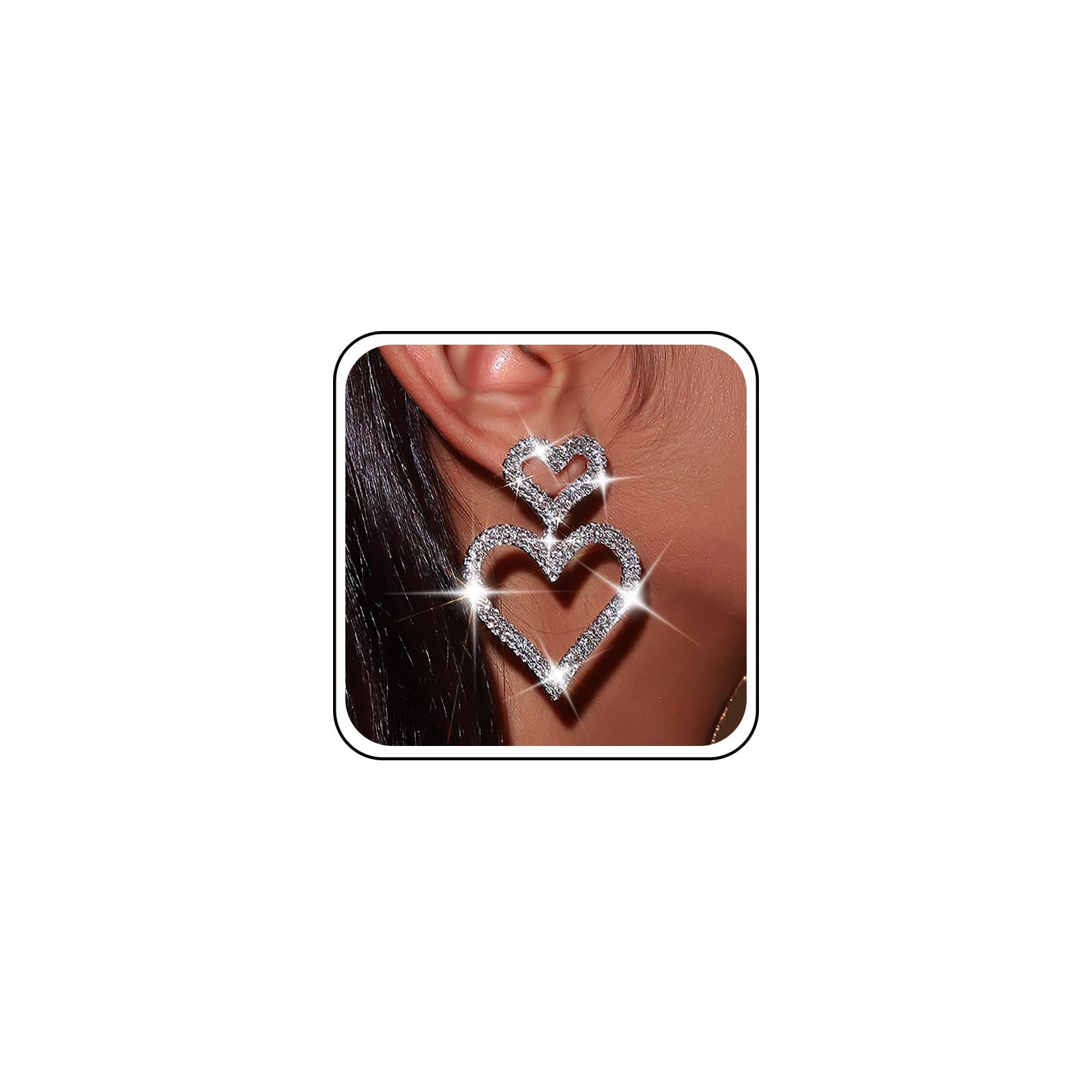 AtentuyiPendientes colgantes de corazón de diamantes de imitación para novia, aretes largos de corazón de circonita cúbica dorada, aretes largos de doble corazón, aretes de corazón de cristal, aretes
