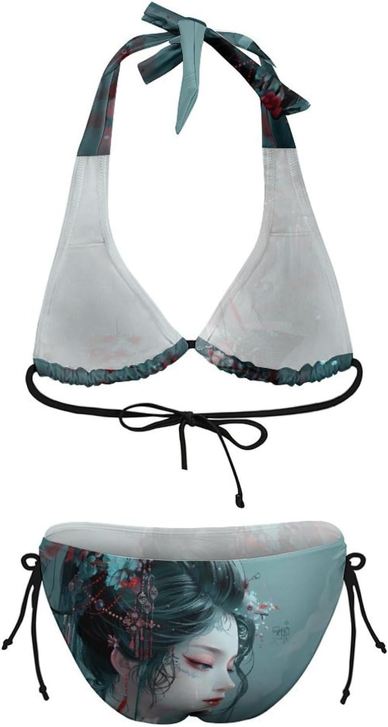 Beautiful Japanese Geisha Novelty Women's 2 Piece String Bikini Set Swimsuits Bathing Suit Swimwear