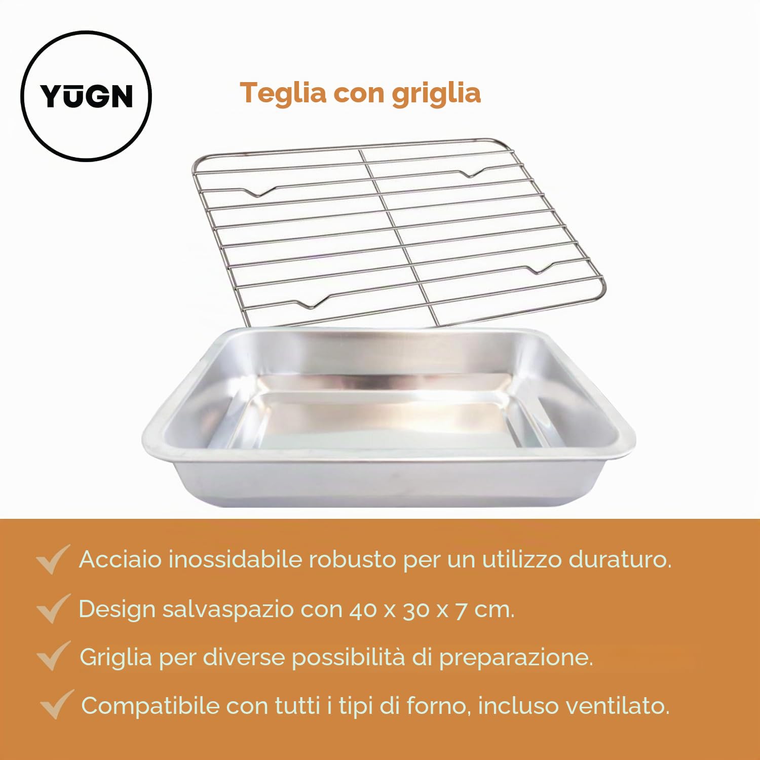 Teglia da Forno con Griglia in Acciaio Inossidabile – Lasagne Rettangolare 40x30x7 cm – Lavabile in Lavastoviglie – Design Senza Giunzioni per Alte Temperature