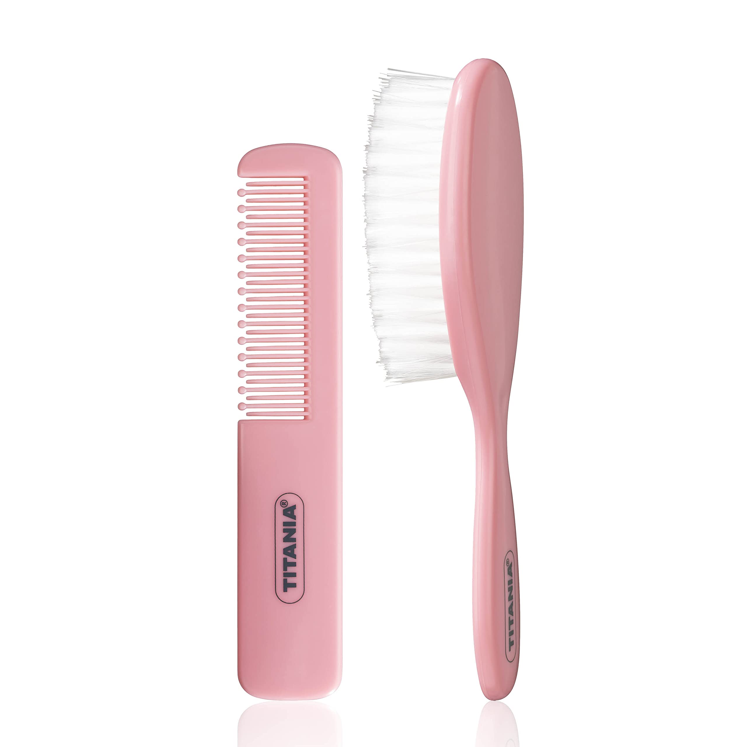 TITANIA Baby Haar Set (2-tgl.) • Baby Kamm & Baby Haarbürste • Baby Pflegeset für Haare • Baby Bürste im Set • Baby Ausstattung • Geschenk für Babys & Kleinkinder • Babypflege-Set Pink