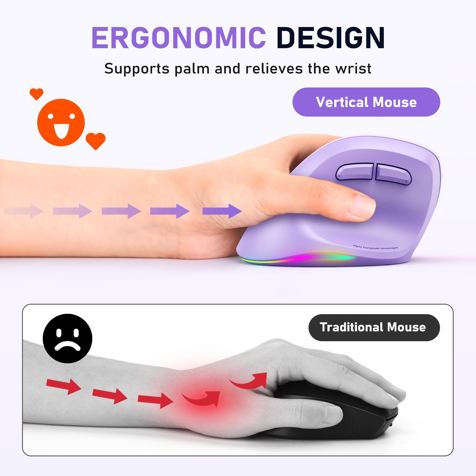 MEETION mouse vertical ergonómico inalámbrico para zurdos, recargable, morado | Dual Bluetooth 5.2/3.0 + USB, iluminación RGB, 4 DPI ajustables, compatible con Windows, Mac, PC, iPad y tabletas