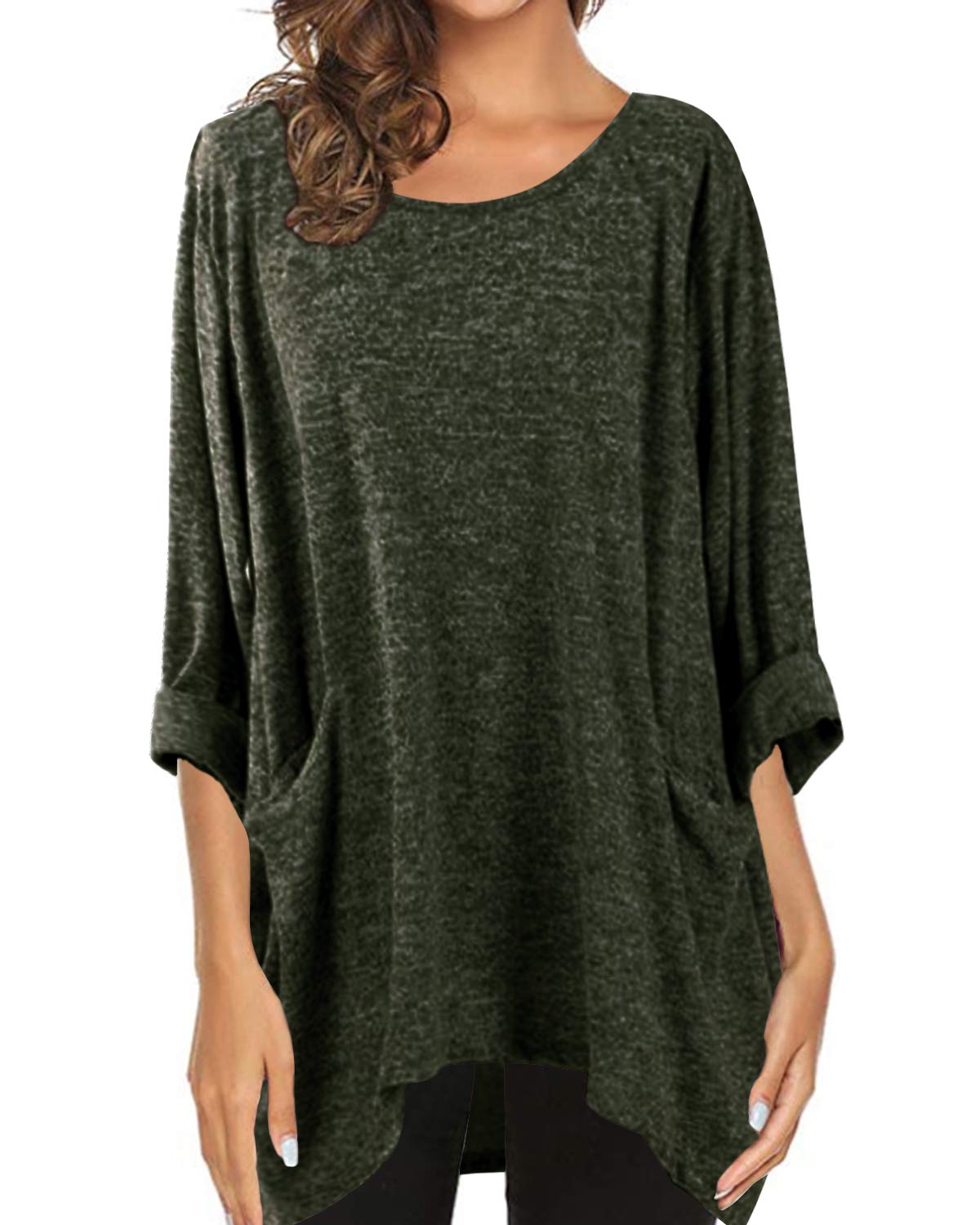 Women's Casual Loose Plain Blouse Batwing Sleeve Top with Pockets Asymmetrical Hem