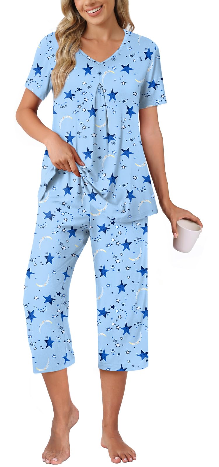 Anyally Women's Summer Capri Pajama Set Short Sleeve Shirt and Pajama Pants 2 Piece Ladies Pjs Sets