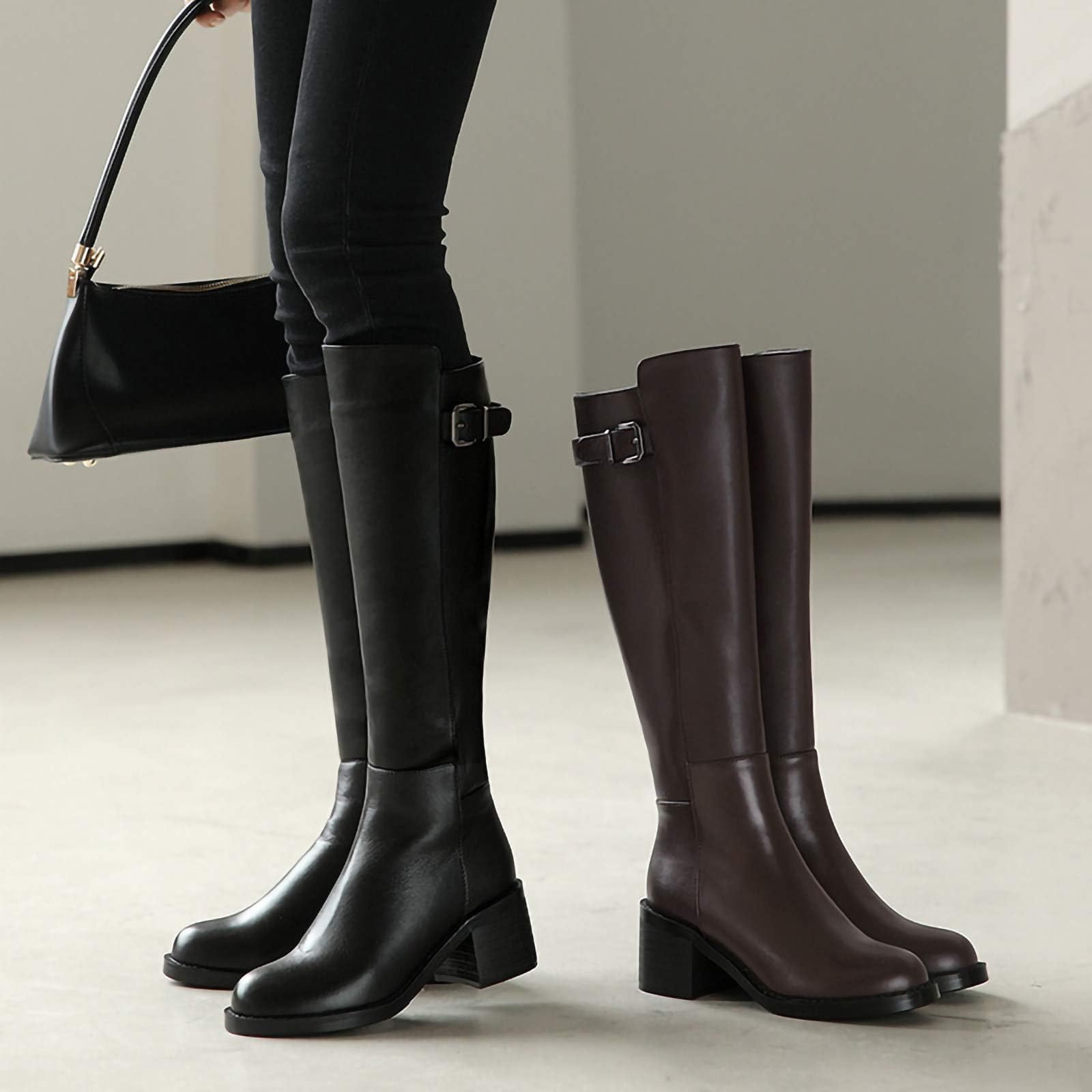 Stivali Da Equitazione Equestri(34-39), Stivali Alti Equestri, Stivali Da Campo, Fibbia Della Cintura/design Con Cerniera Laterale, Pelle Liscia, Per Donna/primavera, Autunno,38,Brown