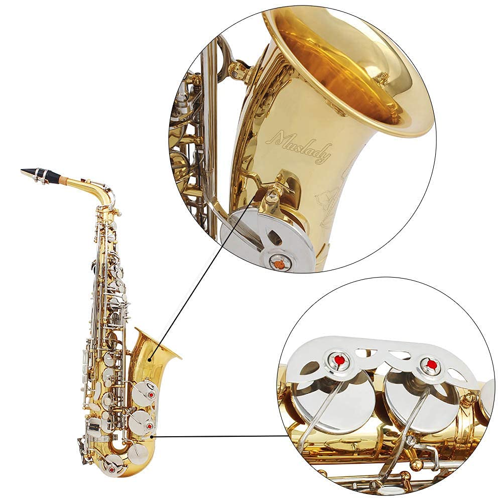 Btuty Saxophone alto en laiton brillant - gravure de Mi bémol, avec boutons en coquillage blancs naturels, étui, gants, chiffon de nettoyage, sourdine, ceinture et brosse
