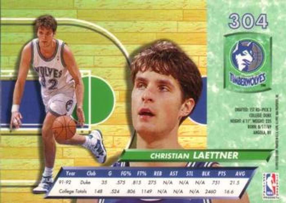 Amazon.com: 1992-93 Ultra Basketball #304 Christian Laettner RC