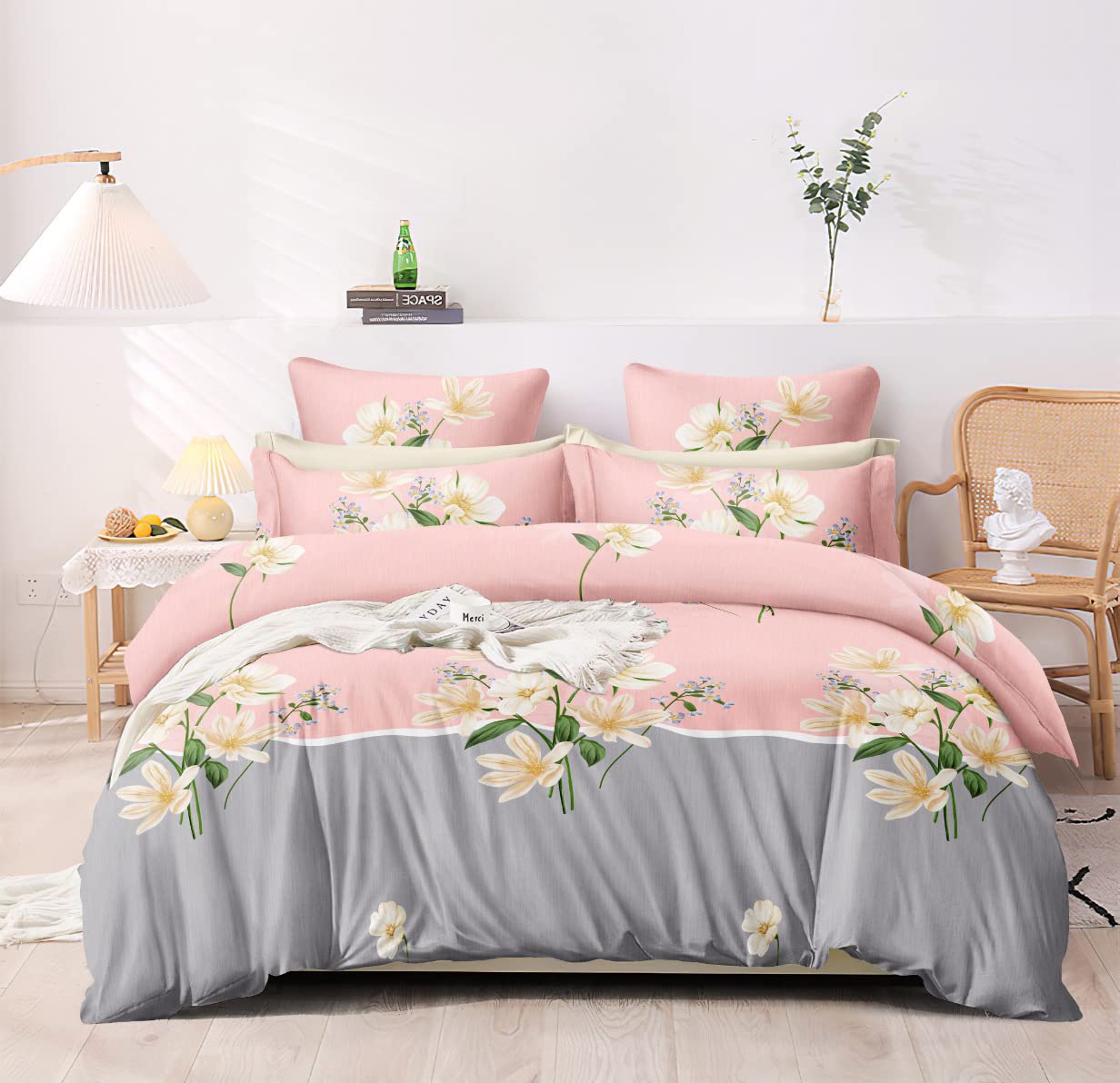 DECOMIZER Cotton Feel All Around Elastic Fitted Glace Printed King Size Double Bed Bedsheet with 2 Large Pillow Covers Fits Upto Mattress of 8 Inches,Size - 72 x 78 x 10 Inches, Peach Vase, 300 TC