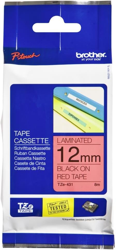 Brother TZe-431 Labelling Tape Cassette, 12 mm (W) x 8 m (L), Laminated, Brother Genuine Supplies - Black on Red
