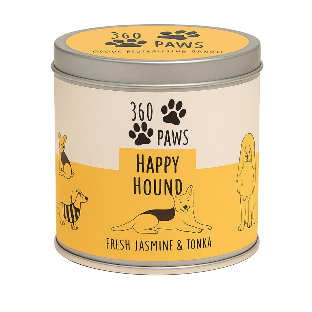 360Paws White Happy Hound Candle – Fresh Jasmine & Tonka | Odour-Neutralising Candle With Aromaguard™ | Long-Lasting 50-Hour Burn | Pet-Friendly Scented Candle In Tin | 360 Paws Home Fragrance