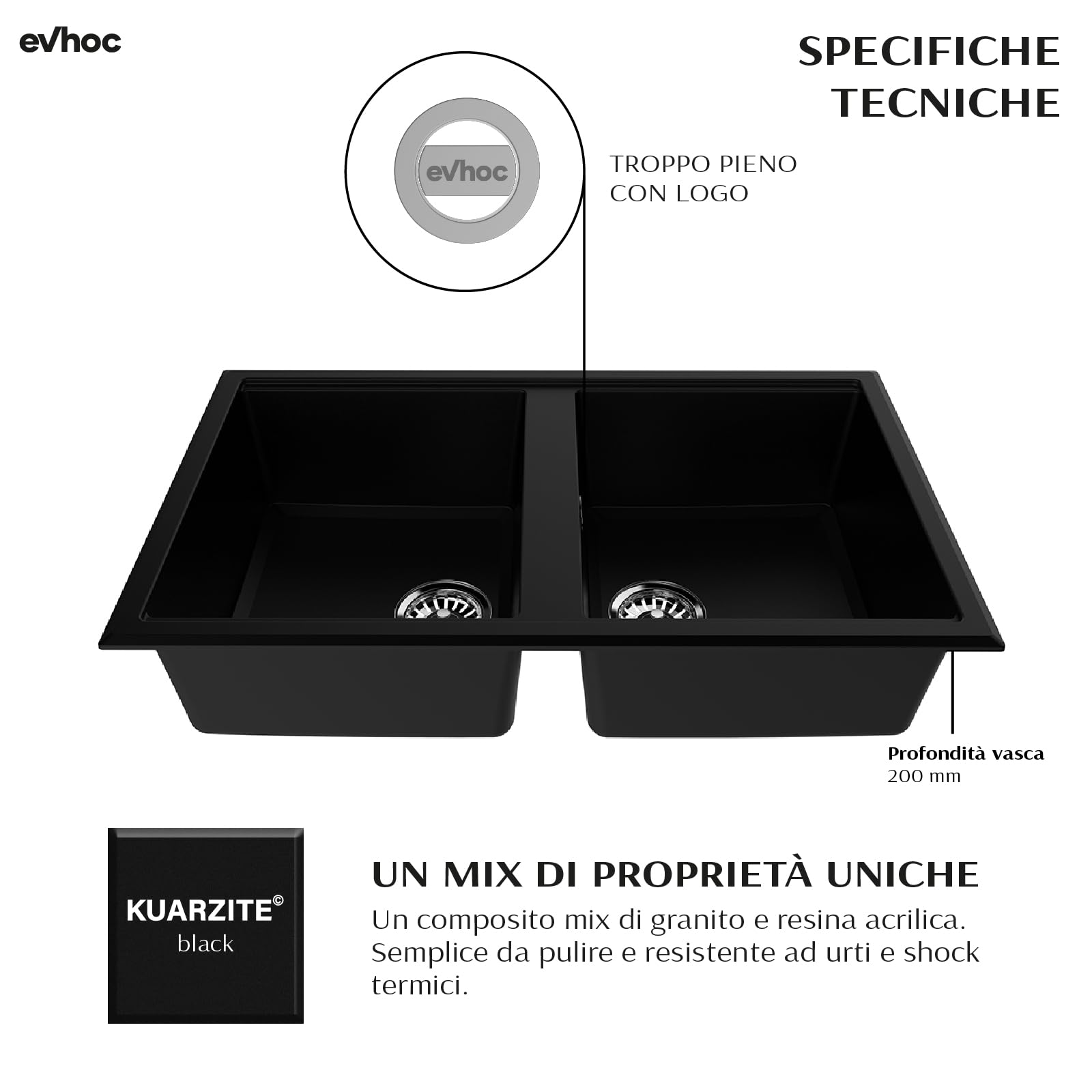 Evhoc Lavello Cucina Sopratop 86x51 cm, 2 Vasche, Lavandino Doppia Vasca in Kuarzite, Piletta Inclusa, Made in Italy, Nero, ADHOC M
