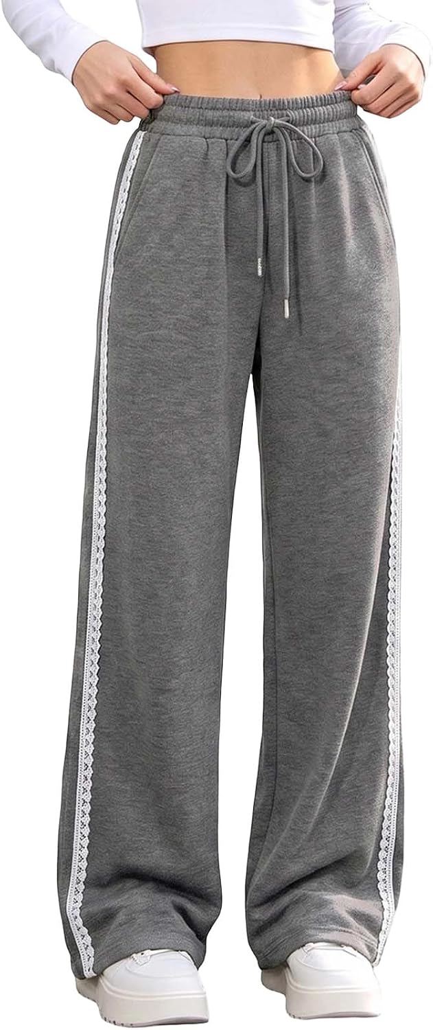 Womens Baggy Lace Trim Track Pants Hip Hop Dance Wide Leg Pants