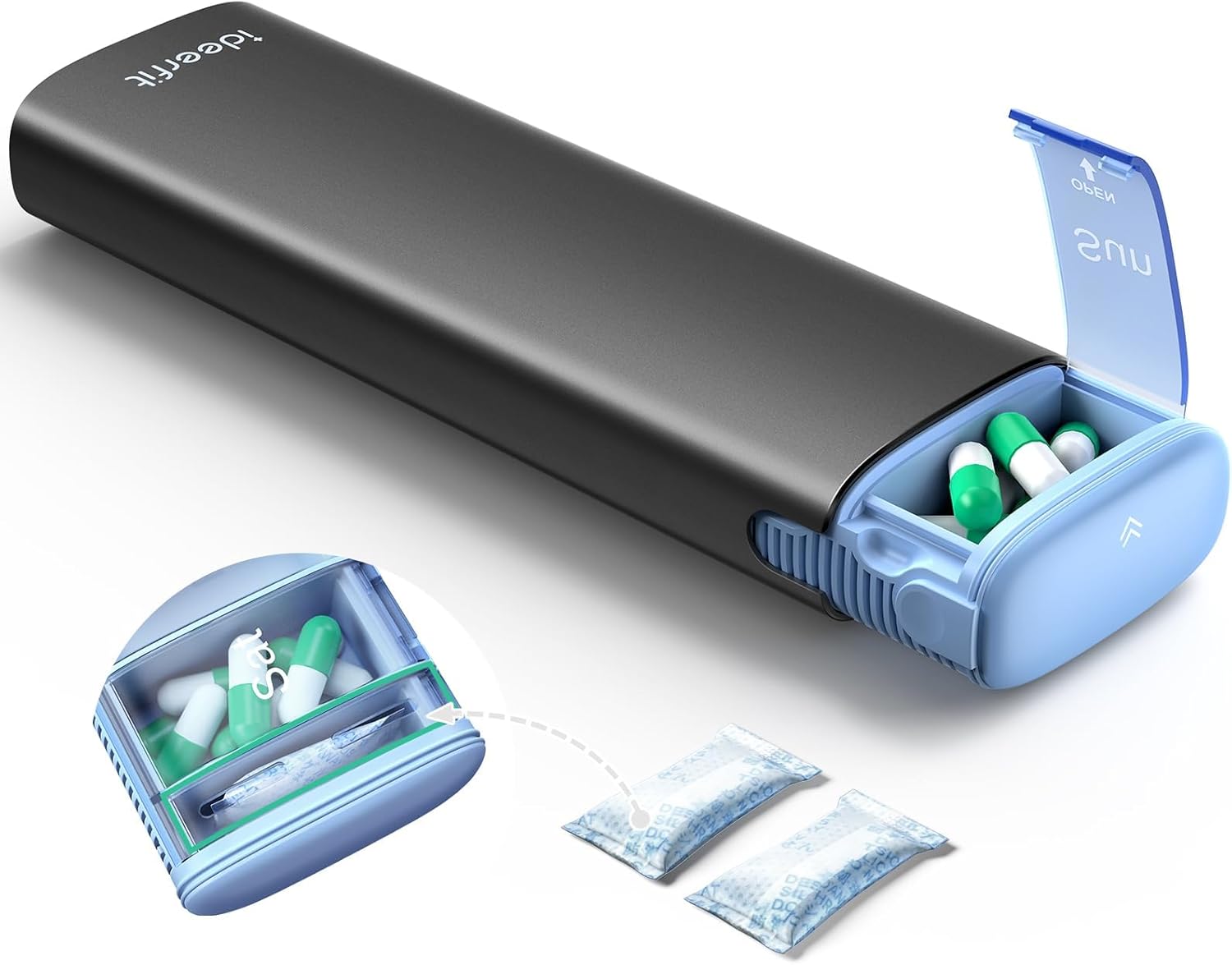 Ideerfit Weekly Pill Organizer 7 Day, Airtight Silicone Seal Pill Box with Built-in Desiccant, Portable Travel Medicine Organizer, Moisture-Proof Vitamin & Supplement Container,Black